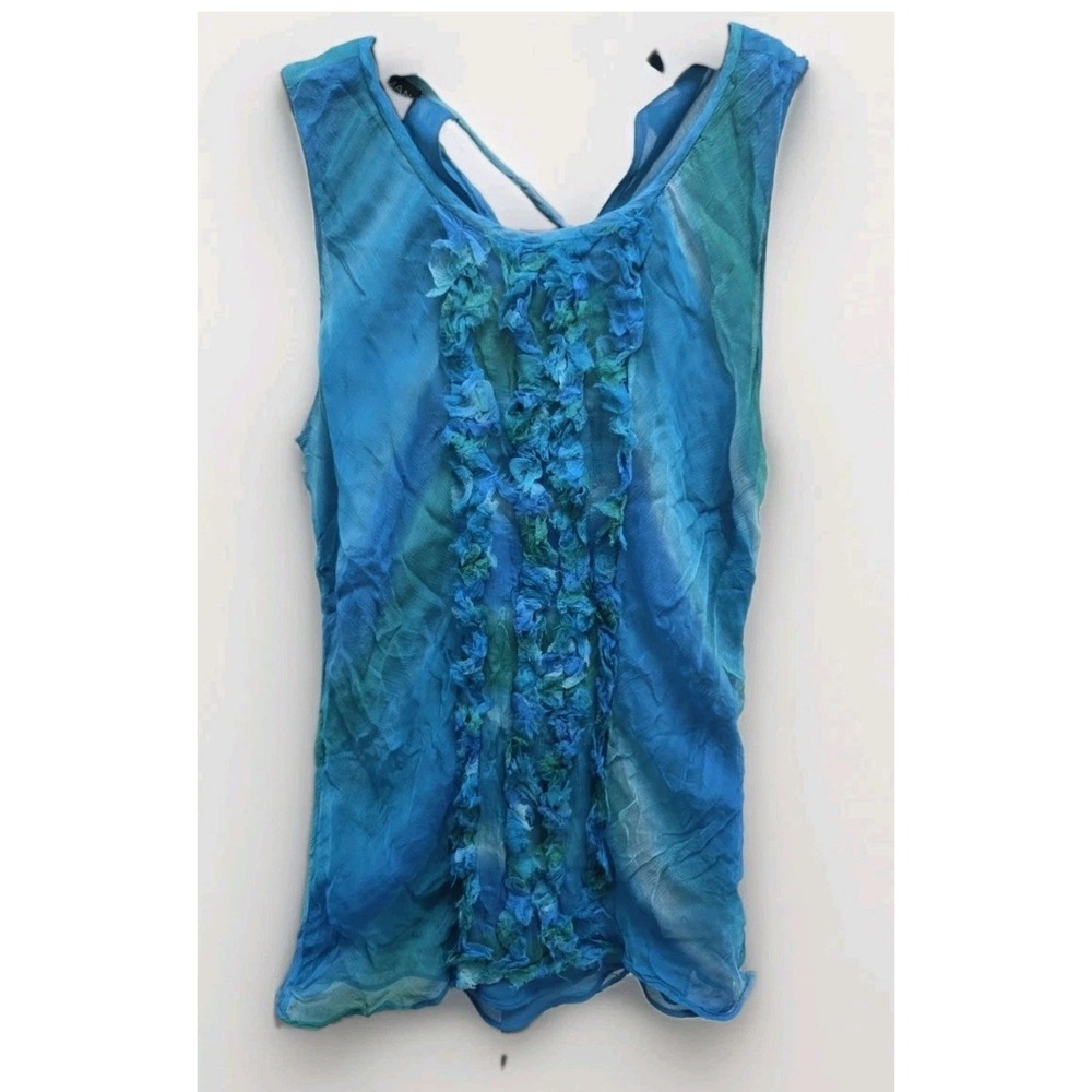 Dana Buchman Petite Blue Green 100% Silk Ruffle Tank Top Blouse Size 4P